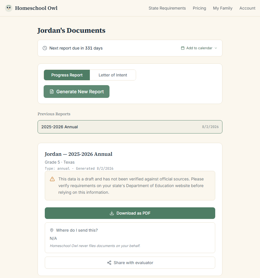Screenshot of the Generate Documents screen in Homeschool Owl