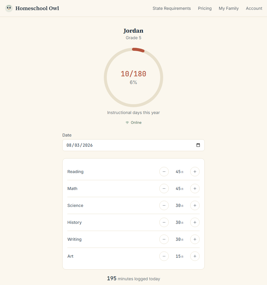 Screenshot of the Log Days screen in Homeschool Owl